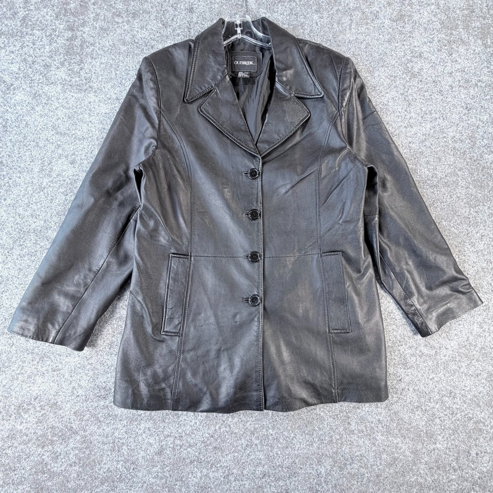 Y2K‎ OutBrook Genuine Leather Blazer Jacket Womens L Black Button-Front Outdoor